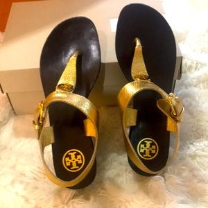 Tory Gold wood wedge sandals, size 8.5